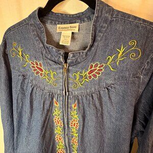 Country Store Embroidered Denim Zip Jacket Floral Cotton Top L